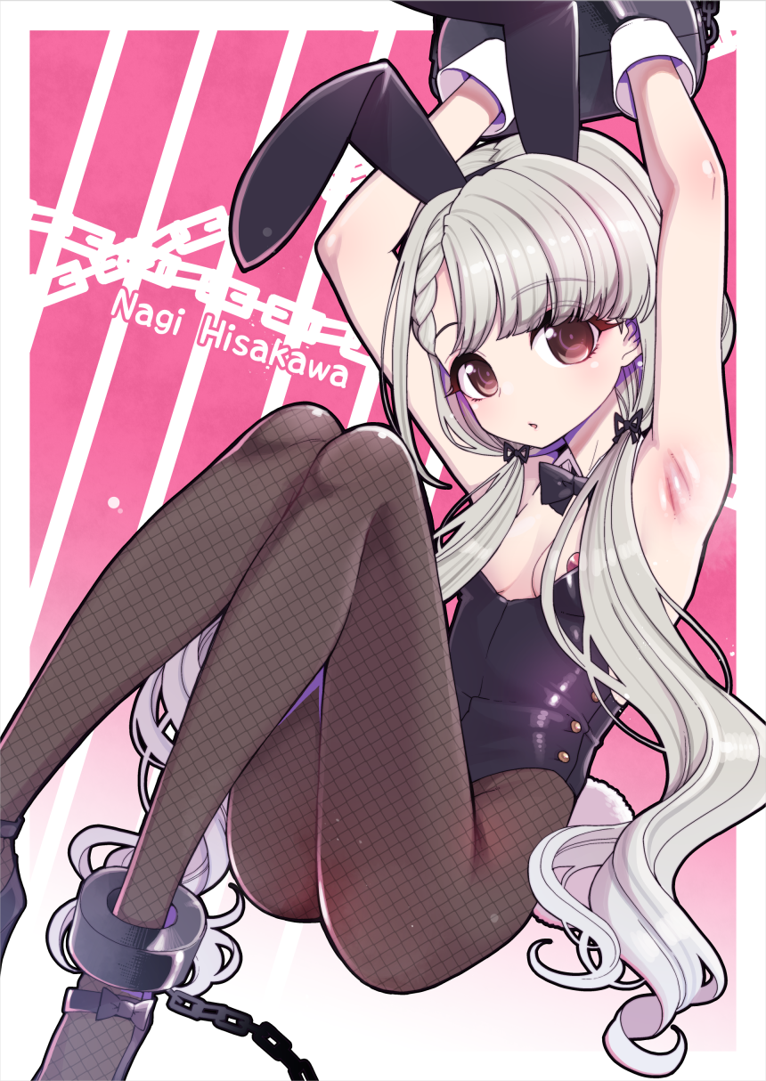 1girl animal_ears armpits arms_up bangs black_legwear black_leotard black_neckwear blunt_bangs bound bow bowtie braid bunny_ears bunny_girl bunnysuit chain character_name commentary_request cuffs detached_collar fishnet_legwear fishnet_pantyhose fishnets flat_chest gradient gradient_background grey_hair hanauna highres hisakawa_nagi idolmaster idolmaster_cinderella_girls leotard long_hair looking_at_viewer low_twintails pantyhose red_eyes shackles solo strapless strapless_leotard twintails two-tone_background wrist_cuffs