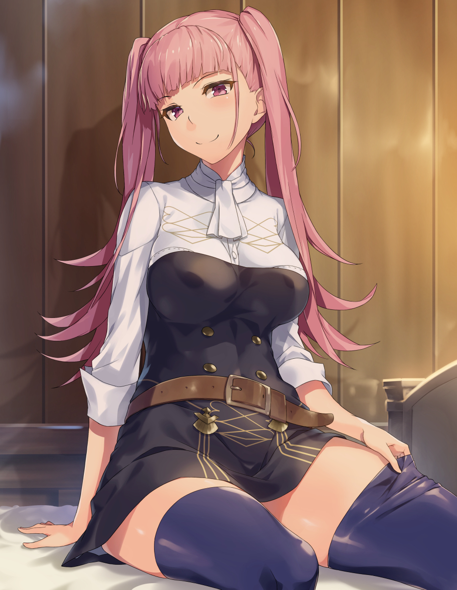 1girl bangs bed belt blunt_bangs blush breasts dress fire_emblem fire_emblem:_three_houses head_tilt highres hilda_valentine_goneril large_breasts long_hair looking_at_viewer on_bed pink_hair purple_legwear shadow shinon_(tokage_shuryou) sitting smile solo thighhighs twintails zettai_ryouiki