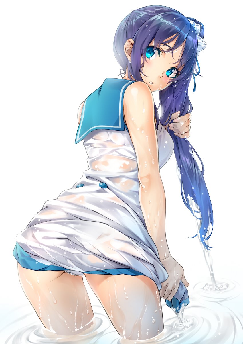 1girl ass back blue_sailor_collar bow breasts commentary_request cowboy_shot dripping from_behind hair_bow hair_grab hair_over_shoulder highres hiradaira_chisaki leaning_forward long_hair looking_at_viewer medium_breasts nagayori nagi_no_asukara panties pantyshot parted_lips sailor_collar school_uniform scrunchie see-through shirt_tug side_ponytail skirt skirt_tug solo thighs underwear wading water wet wet_clothes wet_hair white_panties