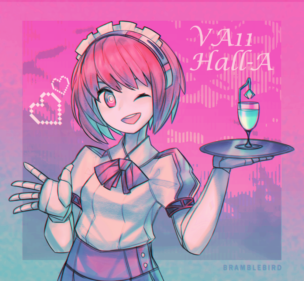 1girl ;d android artist_name bow bowtie commentary copyright_name dorothy_haze hairband kky one_eye_closed open_mouth pink_background pixel_heart purple_background red_eyes red_hair short_hair smile solo tray two-tone_background upper_body va-11_hall-a