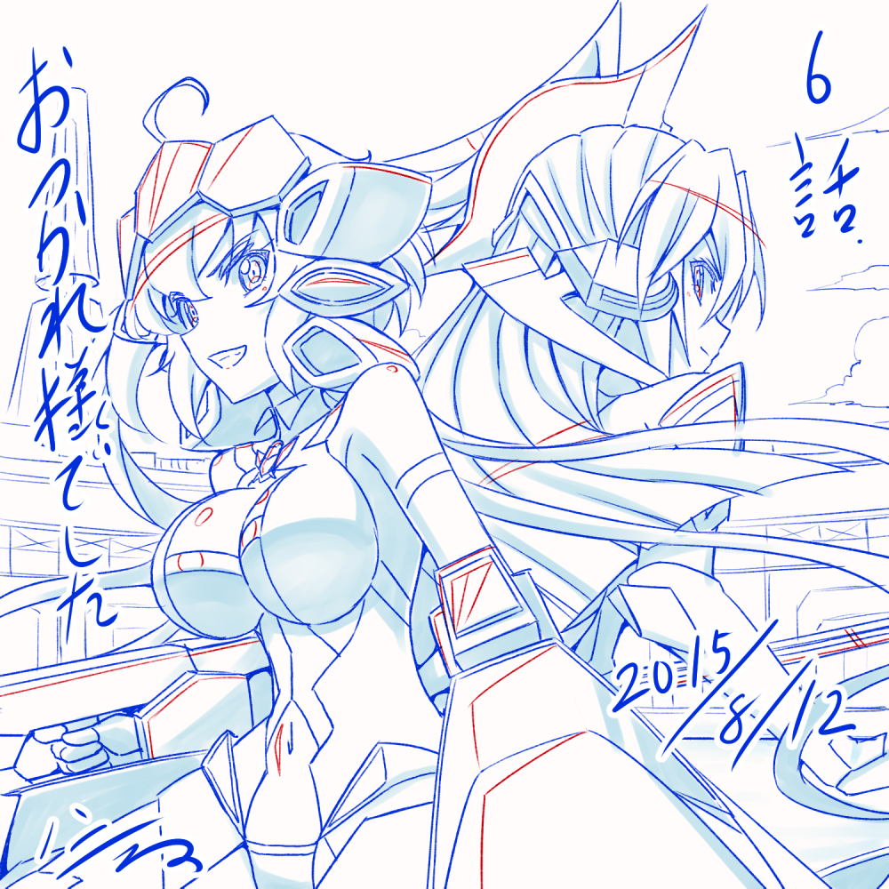 2girls ahoge back-to-back breasts cleavage_cutout commentary_request dated grin h-new headgear kazanari_tsubasa large_breasts long_hair looking_back monochrome multiple_girls navel senki_zesshou_symphogear smile translation_request very_long_hair yukine_chris