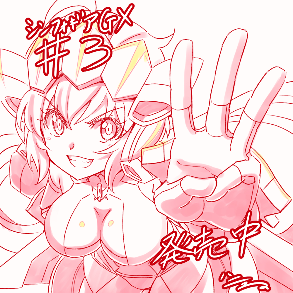 1girl 3 artist_name breasts cleavage_cutout counting dated gloves grin h-new headgear large_breasts leaning_forward long_hair looking_at_viewer middle_w number red_theme senki_zesshou_symphogear simple_background smile solo translation_request very_long_hair white_background yukine_chris