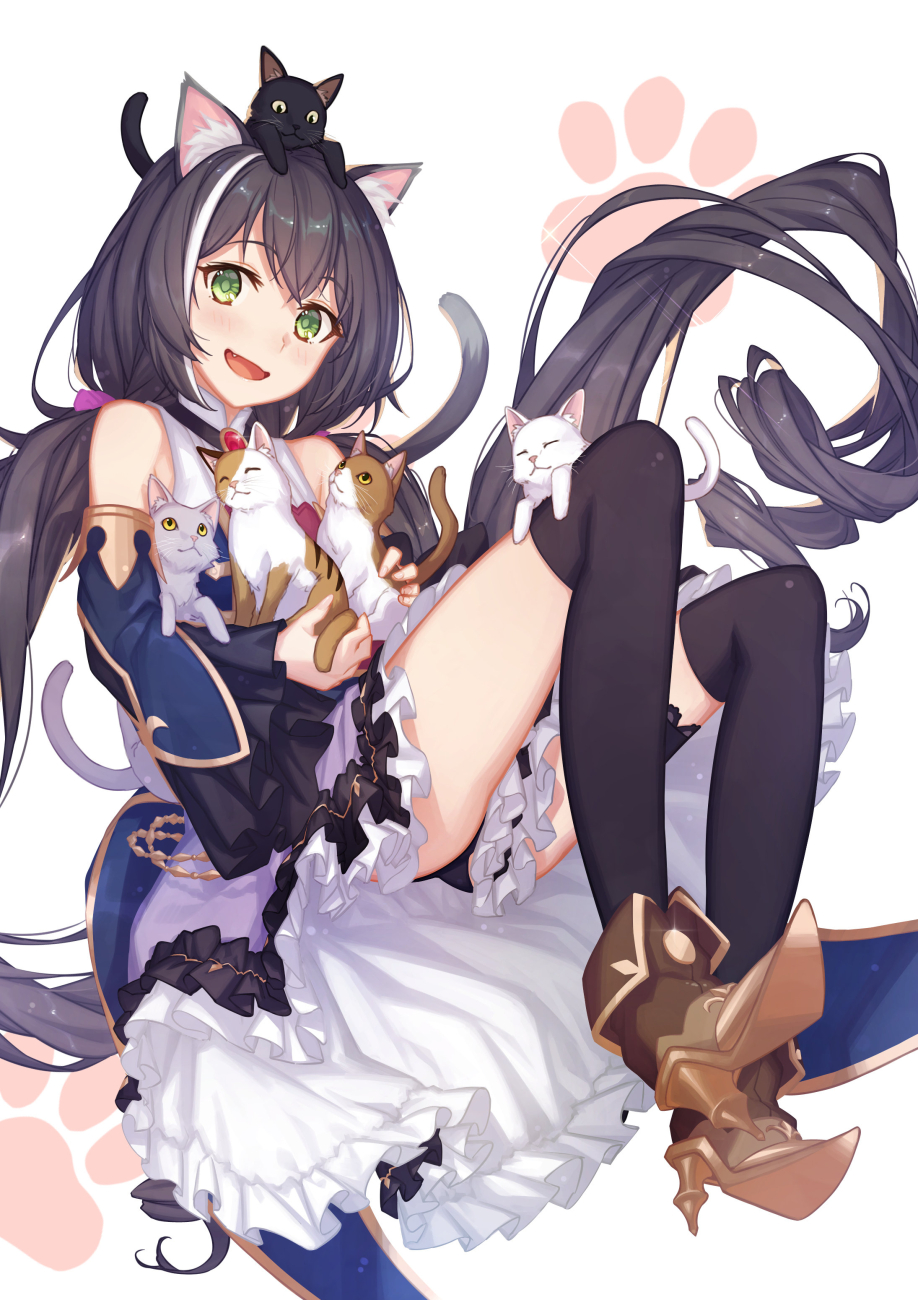 1girl animal animal_ear_fluff animal_ears bangs black_hair black_legwear black_panties blush boots cat dress eyebrows_visible_through_hair fang floating frilled_dress frills green_eyes hair_between_eyes highres holding holding_animal knees_up kyaru_(princess_connect) long_hair looking_at_viewer low_twintails m-ya multicolored_hair multiple_cats open_mouth over-kneehighs panties patterned_background paw_print princess_connect! princess_connect!_re:dive shirt skirt smile solo streaked_hair tail thighhighs twintails underwear very_long_hair vest white_hair white_shirt wide_sleeves