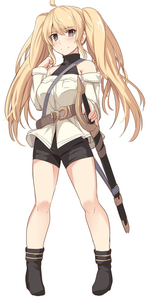 1girl ahoge bangs bare_shoulders belt black_footwear black_shorts blonde_hair breasts brown_belt brown_eyes eyebrows_visible_through_hair full_body granblue_fantasy large_breasts long_hair long_sleeves looking_at_viewer monica_weisswind shiseki_hirame shoes short_shorts shorts simple_background smile solo sword twintails weapon white_background