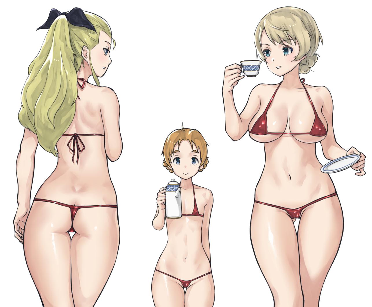 3girls ass_visible_through_thighs assam back bangs bikini black_ribbon blonde_hair blue_eyes braid breasts breasts_apart butt_crack closed_mouth collarbone commentary covered_nipples cup darjeeling dimples_of_venus eyebrows_visible_through_hair girls_und_panzer groin hair_pulled_back hair_ribbon halterneck holding holding_cup holding_saucer holding_teapot large_breasts long_hair looking_at_another micro_bikini multiple_girls navel orange_hair orange_pekoe parted_bangs parted_lips ponytail red_bikini ribbon saucer short_hair simple_background small_breasts smile standing swept_bangs swimsuit teacup teapot thigh_gap thighs thong_bikini tied_hair twin_braids white_background yamano_rita