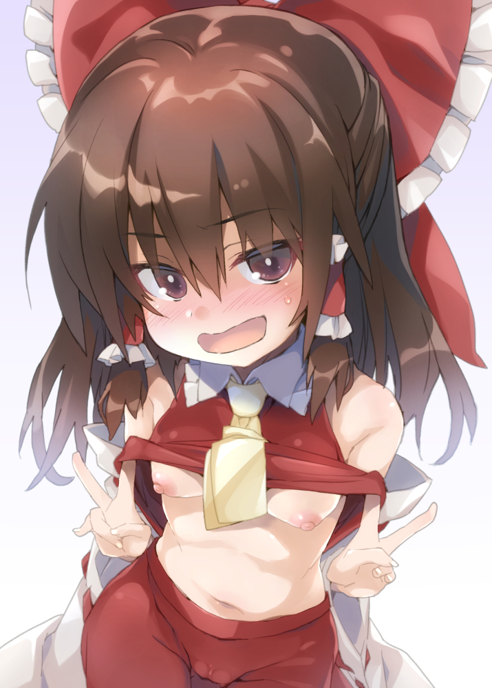 1girl ascot blush bow breasts brown_eyes brown_hair cameltoe clothes_lift commentary_request detached_sleeves double_v eyebrows_visible_through_hair gradient gradient_background hair_bow hair_tubes hakurei_reimu lifted_by_self looking_at_viewer navel nipples no_bra open_mouth red_shirt red_skirt shirt shirt_lift skirt small_breasts solo tororo touhou v yellow_neckwear