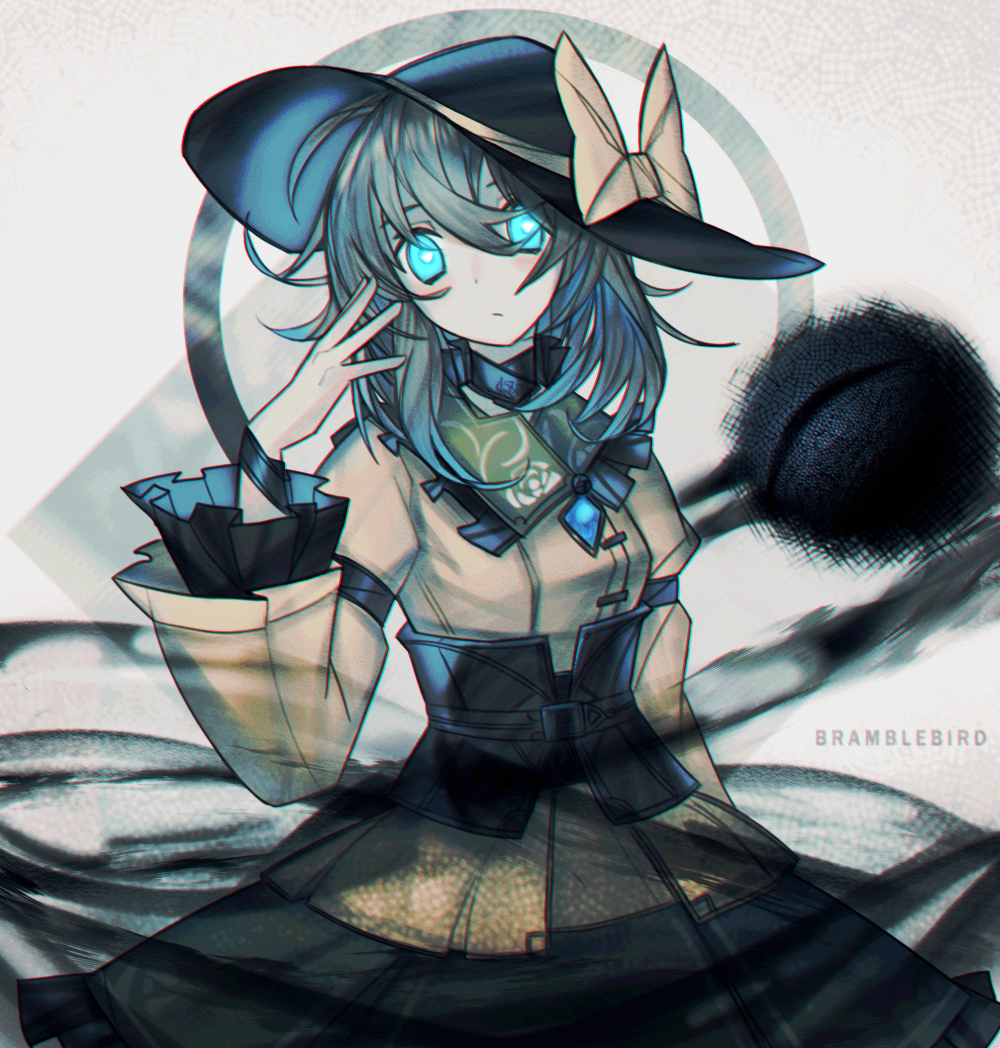 1girl adapted_costume artist_name blue_eyes bow glowing glowing_eyes green_hair grey_skirt hat hat_bow kky komeiji_koishi long_hair long_sleeves looking_at_viewer skirt solo touhou upper_body