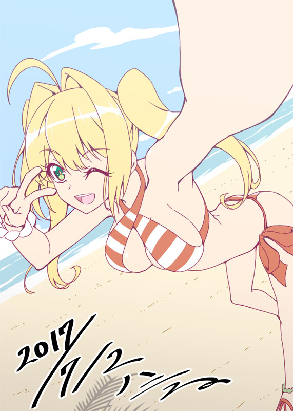 1girl :d ahoge arched_back artist_name ass beach bikini breasts cleavage cloud commentary_request criss-cross_halter dated eyebrows_visible_through_hair fate/grand_order fate_(series) h-new hair_between_eyes hair_intakes halterneck large_breasts long_hair looking_at_viewer nero_claudius_(fate)_(all) nero_claudius_(swimsuit_caster)_(fate) ocean one_eye_closed open_mouth self_shot side-tie_bikini smile solo striped striped_bikini swimsuit twintails v_over_eye