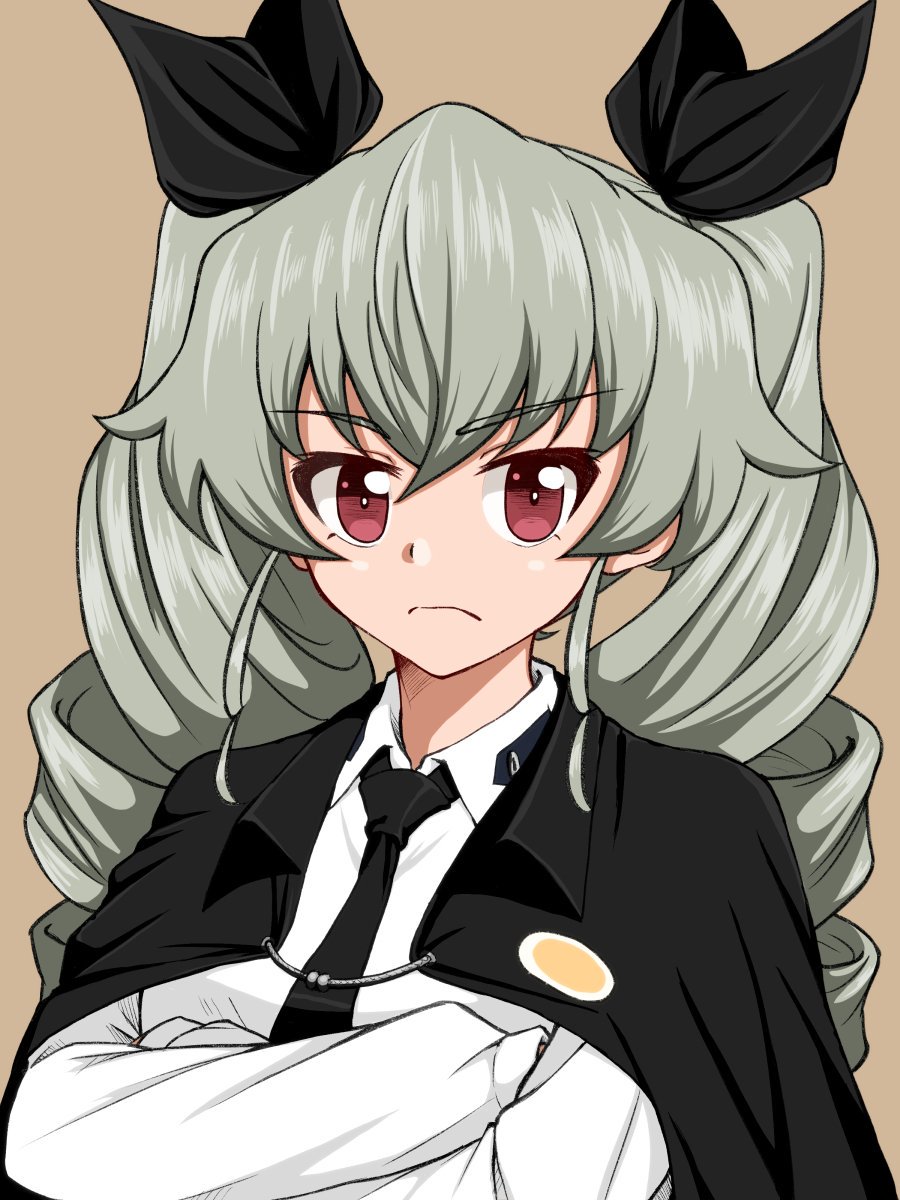 1girl anchovy anzio_school_uniform bangs black_cape black_neckwear black_ribbon brown_background cape closed_mouth commentary crossed_arms dress_shirt drill_hair eyebrows_visible_through_hair frown girls_und_panzer green_hair hair_ribbon highres long_hair long_sleeves looking_at_viewer necktie red_eyes ribbon ruka_(piyopiyopu) school_uniform shirt simple_background solo twin_drills twintails upper_body white_shirt