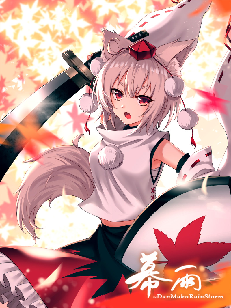 1girl ahoge animal_ear_fluff animal_ears autumn_leaves bangs black_skirt blush breasts commentary cowboy_shot detached_sleeves eyebrows_visible_through_hair fang hat holding holding_shield holding_sword holding_weapon inubashiri_momiji katana koissa leaf_print long_sleeves medium_breasts midriff_peek open_mouth petticoat pom_pom_(clothes) red_eyes ribbon-trimmed_sleeves ribbon_trim sarashi shield shirt short_hair silver_hair skin_fang skirt solo standing sword tail tassel thick_eyebrows tokin_hat touhou v-shaped_eyebrows weapon white_shirt wide_sleeves wolf_ears wolf_tail