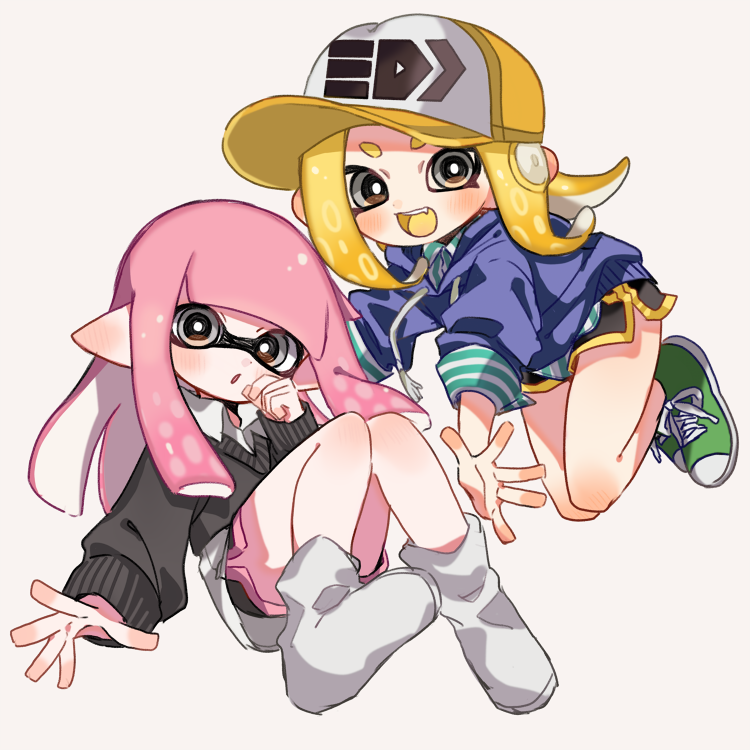 2girls :o bangs baseball_cap black_shorts black_sweater blonde_hair blue_sweater blunt_bangs commentary cross-laced_footwear domino_mask dress_shirt fang floating green_footwear green_shirt grey_background grey_eyes grey_legwear gym_shorts hat inkling light_blush logo long_sleeves looking_at_viewer maco_spl makeup mascara mask multiple_girls octarian octoling pink_hair pointy_ears print_hat shirt shoes shorts simple_background sneakers socks splatoon_(series) splatoon_2 striped striped_shirt suction_cups sweater tentacle_hair v-neck white_shirt yellow_headwear yellow_tongue