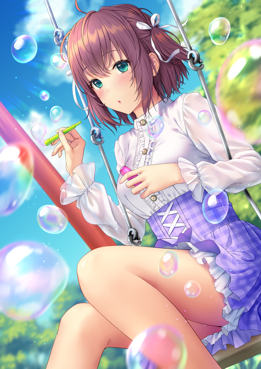 1girl :o bangs blue_sky blurry blurry_background blurry_foreground breasts brown_hair bubble center_frills cloud commentary_request daidai_jamu day depth_of_field dress_shirt dutch_angle eyebrows_visible_through_hair feet_out_of_frame frills green_eyes hair_ribbon highres holding long_sleeves medium_breasts original outdoors parted_lips plaid plaid_skirt pleated_skirt purple_skirt ribbon see-through see-through_sleeves shirt sitting skirt sky solo swing two_side_up white_ribbon white_shirt