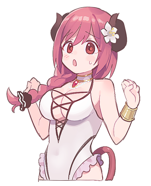 1girl :o blush_stickers bracelet braid breasts casual_one-piece_swimsuit choker cleavage cowboy_shot cropped_legs curled_horns demon_girl demon_horns demon_tail eyebrows_visible_through_hair flower frills hair_flower hair_ornament hasekura_io hibiscus horns jewelry long_hair looking_at_viewer medium_breasts necklace one-piece_swimsuit open_mouth pink_hair princess_connect! red_eyes simple_background single_braid swimsuit tail uso_(ameuzaki) w_arms white_background