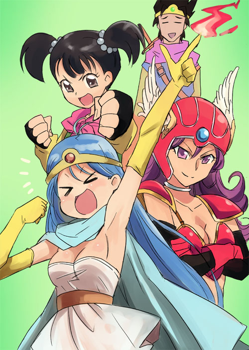 1boy armor bikini_armor black_hair blue_hair breasts cape choker circlet cleavage closed_mouth commentary_request dragon_quest dragon_quest_iii dress elbow_gloves fighter_(dq3) fingerless_gloves fire gloves helmet hyakuen_raitaa long_hair looking_at_viewer magic multiple_girls open_mouth purple_hair red_armor roto sage_(dq3) short_hair short_twintails simple_background smile soldier_(dq3) sword twintails weapon winged_helmet