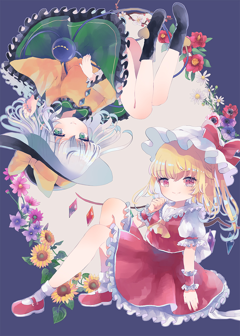 2girls arm_up bangs black_headwear blonde_hair blue_background bobby_socks clenched_hand commentary_request daisy eyebrows_visible_through_hair fingernails flandre_scarlet flower flower_request green_eyes green_skirt grey_background hat hat_ribbon hiyuu_(hiyualice) knees_up komeiji_koishi lavender_nails long_sleeves looking_at_viewer mary_janes mob_cap multiple_girls petticoat pointy_ears puffy_short_sleeves puffy_sleeves red_eyes red_footwear red_nails red_skirt red_vest ribbon shirt shoes short_hair short_sleeves side_ponytail silver_hair sitting skirt skirt_set smile socks sunflower third_eye touhou two-tone_background upside-down vest white_headwear white_legwear white_shirt wrist_cuffs yellow_shirt