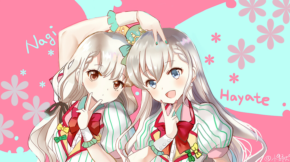 2girls :d arm_up blue_background blue_eyes blush bow braid brown_eyes character_name closed_mouth commentary_request double_v dress_shirt fingernails floral_background green_bow green_nails grey_hair hisakawa_hayate hisakawa_nagi idolmaster idolmaster_cinderella_girls jacket long_hair lunacats multiple_girls nail_polish open_mouth pink_background pink_nails puffy_short_sleeves puffy_sleeves red_bow shirt short_sleeves siblings sisters smile twins twitter_username two-tone_background upper_body v very_long_hair white_jacket white_shirt wrist_cuffs yellow_bow
