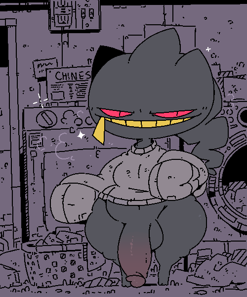 balls banette big_penis black_body black_skin bottomless clothed clothing detailed_background flaccid ghost male mouth_zipper naughty_face nintendo penis pok&eacute;mon pok&eacute;mon_(species) red_eyes sailewder short_stack slightly_chubby solo spirit sweater topwear video_games