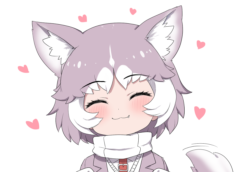 &lt;3 2019 animal_humanoid blush bust_portrait canid canid_humanoid canine canine_humanoid cute_fangs dog_humanoid eyes_closed female fur grey_body grey_fur grey_hair hair happy human_and_animal_ears humanoid inner_ear_fluff kemono_friends mammal mammal_humanoid multi_ear multicolored_hair multicolored_tail mutt_(kemono_friends) portrait ransu_33 short_hair simple_background smile solo tailwag tuft white_background white_body white_fur white_hair