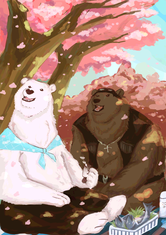 2015 anthro belly brown_body brown_fur detailed_background duo fur grizzly_(shirokuma_cafe) luluangel male mammal outside overweight overweight_male polar_bear shirokuma shirokuma_cafe sitting ursid ursine white_body white_fur