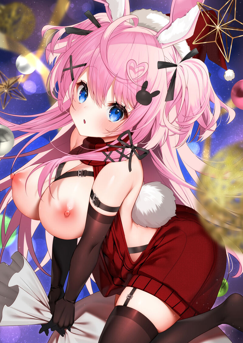 1girl ahoge animal_ear_fluff animal_ears bag black_garter_straps black_gloves black_ribbon black_thighhighs blue_eyes blush breasts cardigan christmas elbow_gloves english_commentary fur-trimmed_headwear fur_trim garter_straps gloves haiba_09 hair_between_eyes hair_ornament hair_ribbon hat heart heart_ahoge holding holding_bag large_breasts long_hair looking_at_viewer meme_attire nipples open_cardigan open_clothes open_mouth original pink_hair rabbit_ears rabbit_girl rabbit_hair_ornament rabbit_tail red_headwear red_sweater ribbon santa_hat sidelocks solo sweater tail thighhighs two_side_up virgin_killer_sweater x_hair_ornament