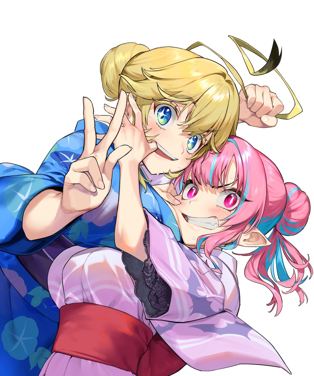 +_+ 2girls ahoge ahoge_grab animal_print aqua_eyes bat_print black_sash blonde_hair blue_eyes blue_hair blue_kimono blush breasts clenched_teeth commentary_request fang finger_in_another's_mouth fingernails floral_print hair_between_eyes hair_bun hair_intakes highres japanese_clothes jeanne_(kanan-sama) kanan-sama_wa_akumade_choroi kanan_(kanan-sama) kimono lace_trim large_breasts light_blue_hair looking_at_viewer multicolored_eyes multicolored_hair multiple_girls nail_polish nonco official_art pink_eyes pink_hair pink_kimono pink_nails pointy_ears print_kimono red_sash sash short_sleeves simple_background slit_pupils sweat teeth two-tone_hair upper_teeth_only w white_background