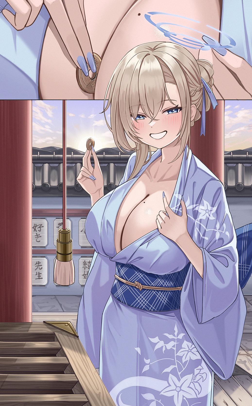 1girl asuna_(blue_archive) blonde_hair blue_archive blue_eyes blue_kimono blue_nails box breasts cleavage coin donation_box fingernails grin highres japanese_clothes kimono large_breasts long_hair long_sleeves looking_at_viewer mole mole_under_eye nail_polish o-los obi open_mouth sash smile solo wide_sleeves