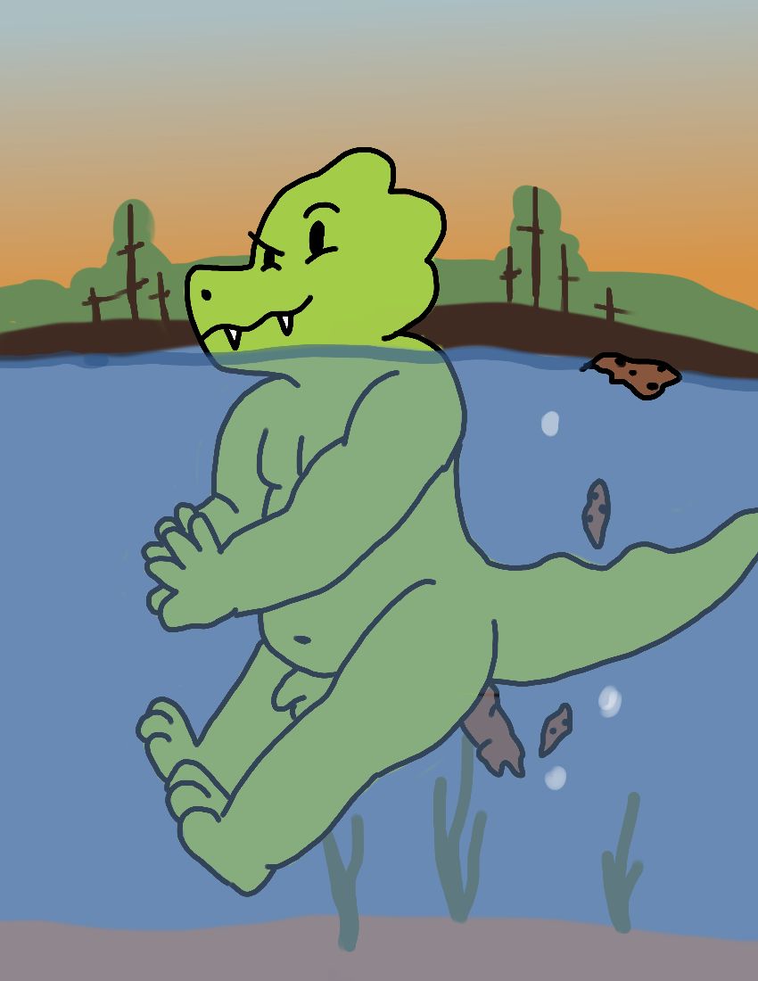 alligator alligatorid anthro bubble butch_(sharkyplumber) casual_nudity crocodilian fart fart_bubbles farting_underwater feces floating genitals lake male navel nude orange_sky penis plant pooping pooping_underwater reptile rising sand scalie scat sharkyplumber smug smug_expression smug_face solo swimming tree water