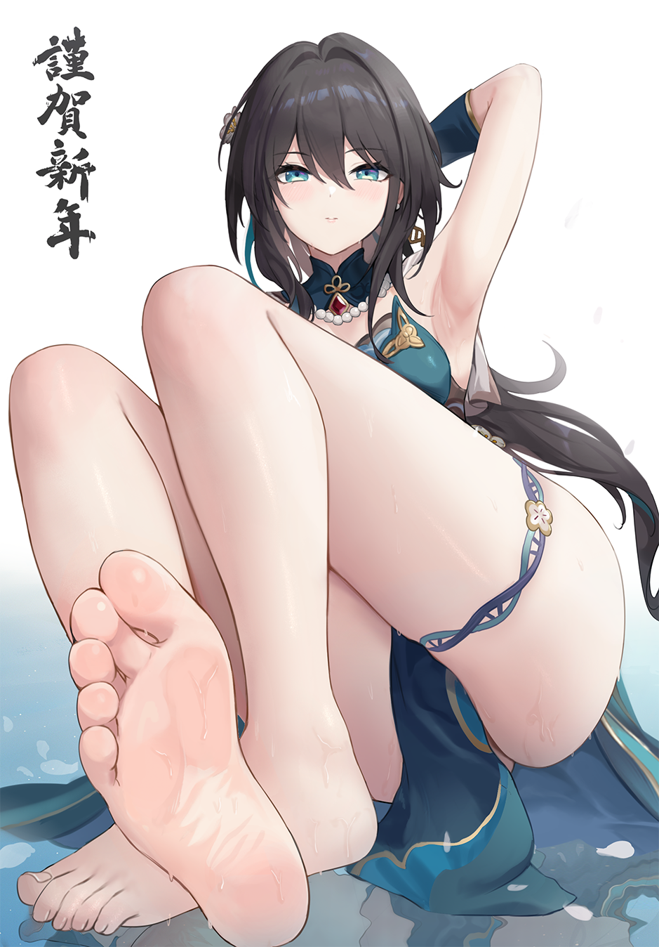 1girl akeome aqua_dress aqua_eyes arm_behind_head arm_up armpits barefoot bead_necklace beads brown_hair cbmus china_dress chinese_clothes closed_mouth dress feet foot_focus green_dress hair_intakes happy_new_year highres honkai:_star_rail honkai_(series) jewelry long_hair looking_at_viewer necklace new_year pearl_necklace petals ruan_mei_(honkai:_star_rail) simple_background sitting soles solo wet white_background