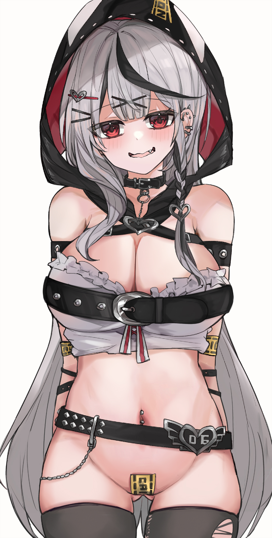 1girl appleseed_(appleseed_art) arms_behind_back black_hair black_thighhighs blush bottomless breasts cleavage cowboy_shot crop_top ear_piercing grey_hair hair_ornament heart heart_hair_ornament highres hololive hood hood_up large_breasts long_hair looking_at_viewer maebari multicolored_hair open_mouth piercing red_eyes sakamata_chloe sakamata_chloe_(1st_costume) simple_background solo streaked_hair thighhighs torn_clothes torn_thighhighs very_long_hair virtual_youtuber white_background x_hair_ornament
