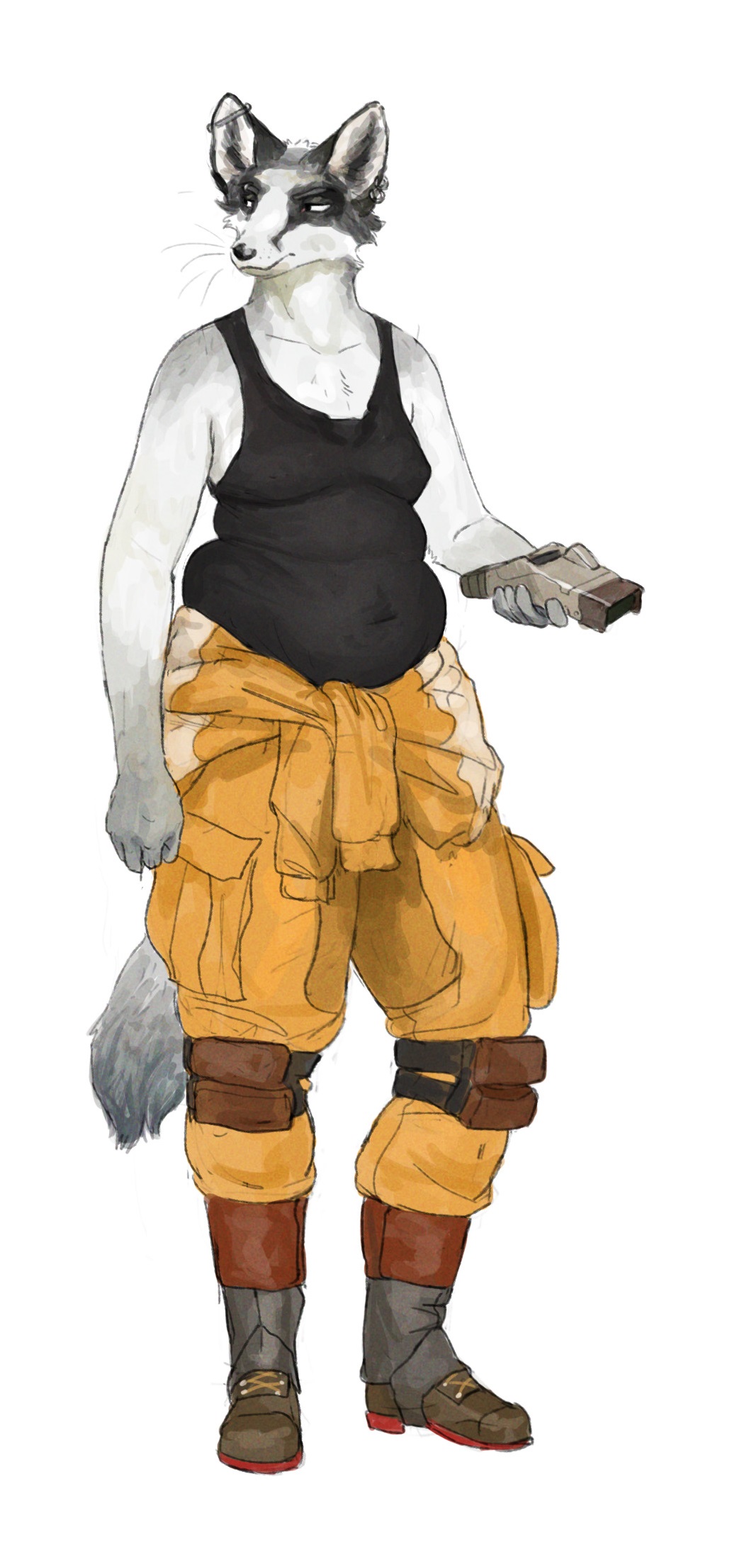 2021 anthro belly bottomwear canid canine cettus chubby_anthro chubby_male clothed clothing ear_piercing footwear fox fully_clothed fur hi_res holding_object jumpsuit jumpsuit_down knee_pads male mammal moobs pants piercing shirt shoes simple_background slightly_chubby solo standing tail tank_top topwear white_background white_body white_fur