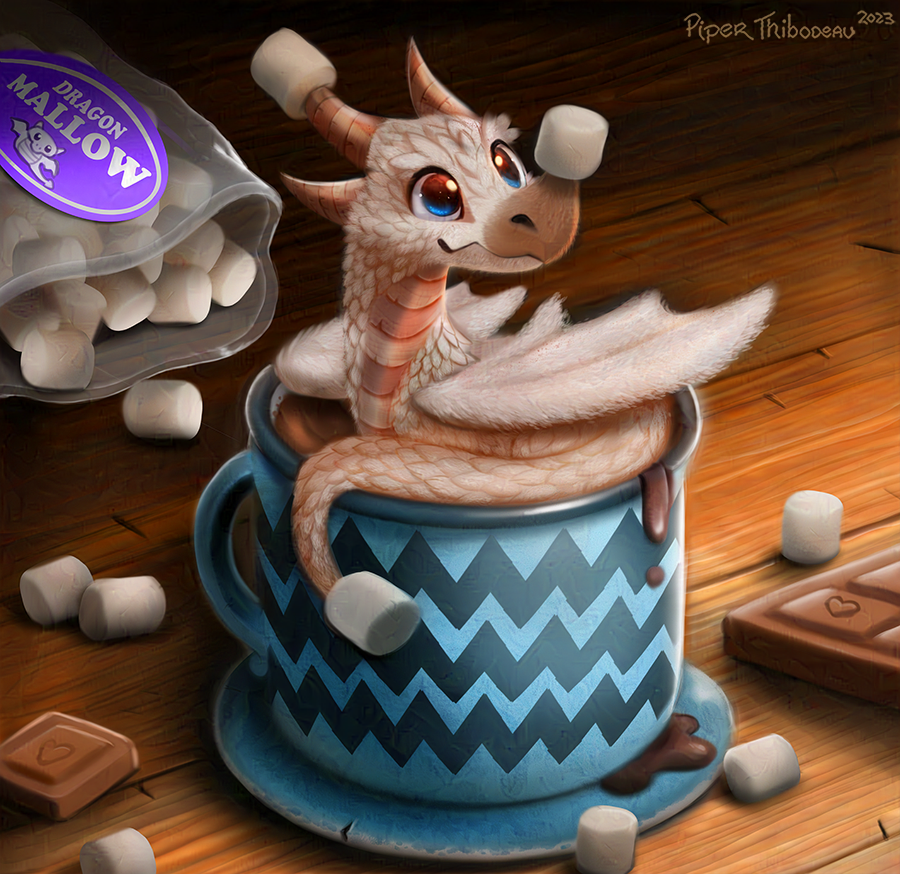 2023 ambiguous_gender bag beverage blue_eyes candy chocolate chocolate_bar container cryptid-creations cup dessert dragon english_text feral food horn hot_chocolate marshmallow pink_body pink_scales saucer scales solo text white_body white_scales