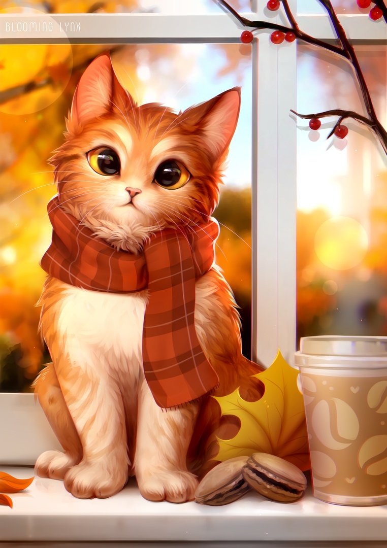 ambiguous_gender artist_name bloominglynx coffee_cup container cup domestic_cat felid feline felis feral food front_view fur glistening glistening_eyes looking_at_viewer mammal mouth_closed orange_body orange_fur red_scarf scarf sitting solo tan_body tan_fur whiskers window yellow_eyes