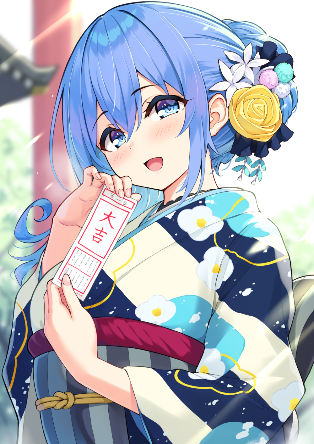 1girl :d blue_eyes blue_hair blurry blurry_background blush commentary_request cu-no depth_of_field floral_print flower hair_between_eyes hair_flower hair_ornament hands_up highres hisen_kaede holding japanese_clothes kimono kohitsuji_ai long_sleeves looking_at_viewer obi print_kimono rose sash smile solo torii upper_body white_flower wide_sleeves yellow_flower yellow_rose