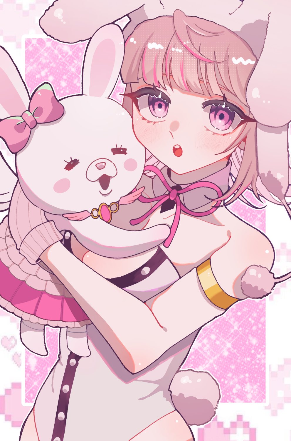 1girl :o =_= animal_ears armlet bare_shoulders black_leotard blush_stickers bow breasts brown_hair commentary_request cowboy_shot danganronpa_(series) danganronpa_2:_goodbye_despair doll ear_bow fake_animal_ears highres holding holding_doll large_breasts leotard looking_at_viewer medium_hair nanami_chiaki official_alternate_costume pink_background pink_bow pink_eyes pink_ribbon pixelated playboy_bunny rabbit rabbit_ears rabbit_tail ribbon screentones skindentation strapless strapless_leotard tail teeth tsuji_0x0 upper_teeth_only usami_(danganronpa) white_leotard