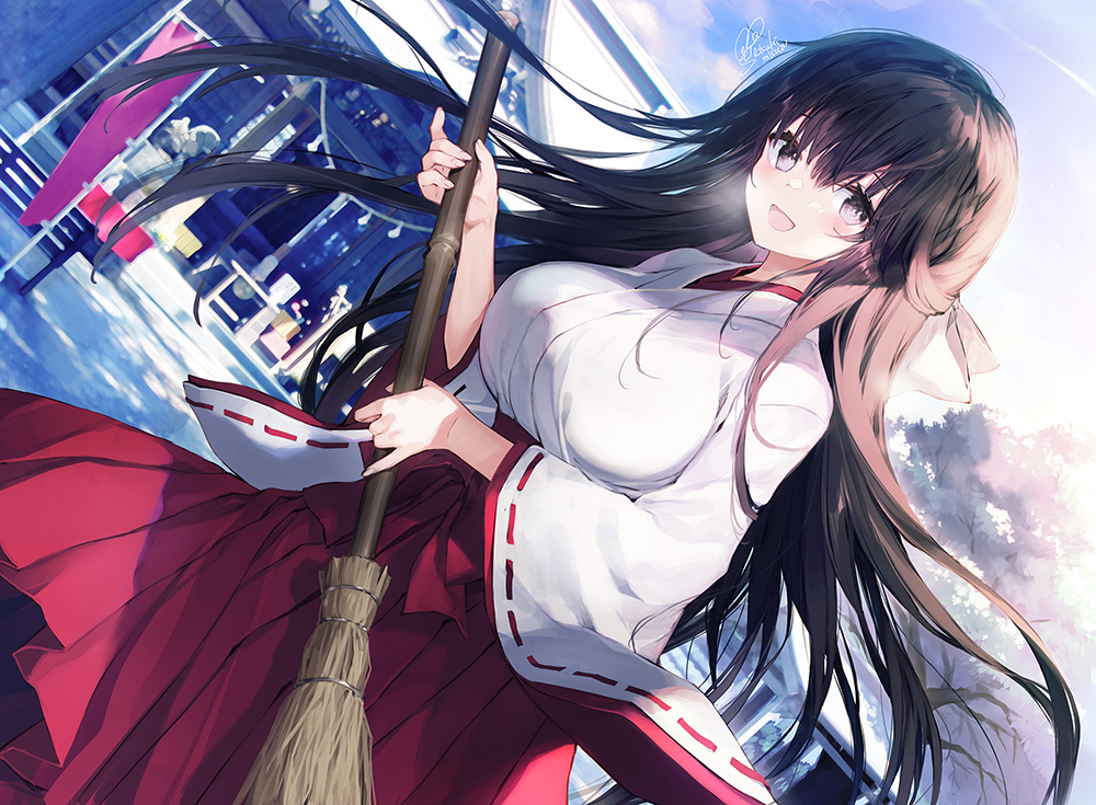 1girl :d bamboo_broom black_hair blue_sky blush breasts breath broom cloud commentary_request day dutch_angle hair_between_eyes hakama hakama_skirt holding holding_broom japanese_clothes kimono large_breasts long_hair long_sleeves making-of_available miko original outdoors purple_eyes red_hakama ribbon-trimmed_sleeves ribbon_trim satsuki_misuzu signature skirt sky smile snow solo very_long_hair white_kimono wide_sleeves