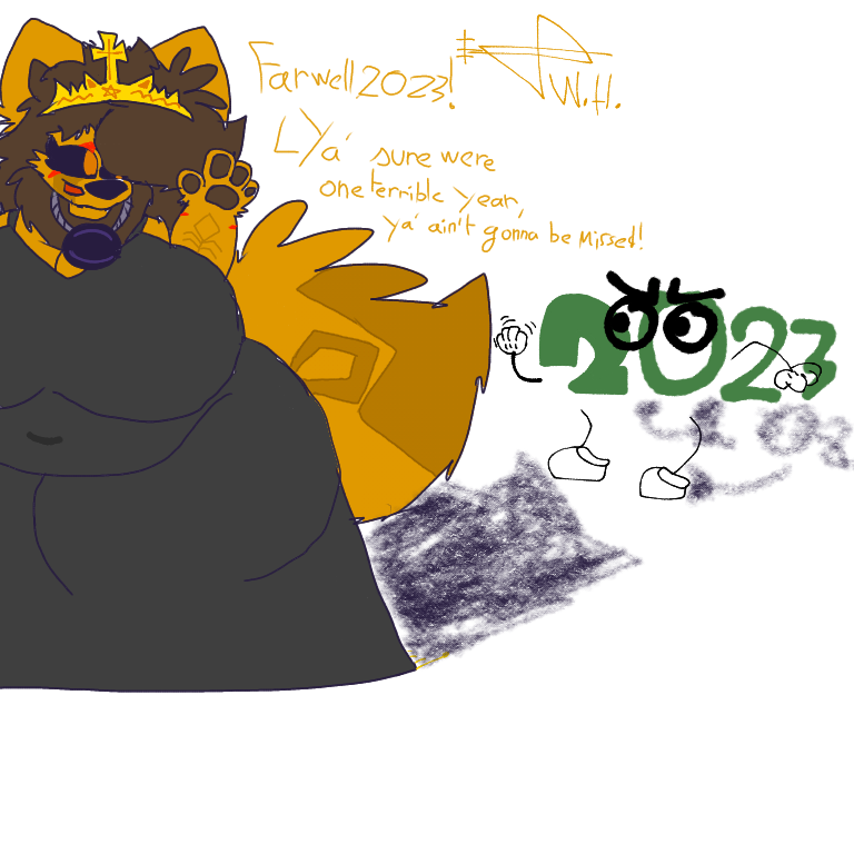 accent amber_eyes amber_fur ambiguous_gender angry animate_inanimate anthro big_breasts black_clothing black_nose black_pearl black_robe black_sclera breasts canid canine canis cartoon_gloves clothing duo english_text female fur fur_markings huge_breasts huge_pearl huge_thighs jewelry mammal markings necklace new_year_2023 overweight overweight_female robe scarrs shaded signature smile text thick_thighs umi_tcharkol w0lfh4art waving_goodbye wolf