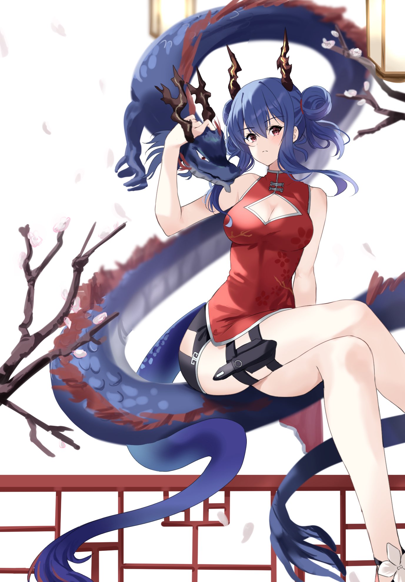1girl arknights arm_behind_back bare_legs black_shorts blue_hair blush breasts ch'en_(ageless_afterglow)_(arknights) ch'en_(arknights) cleavage cleavage_cutout clothing_cutout commentary_request crossed_legs double_bun dragon dragon_girl dragon_horns dragon_tail dress floral_print frown hair_between_eyes hair_bun hand_up highres holster horns lily0428 long_hair looking_at_viewer medium_breasts necktie red_dress red_eyes red_necktie short_shorts shorts sitting sleeveless sleeveless_dress solo tail thigh_holster thighs