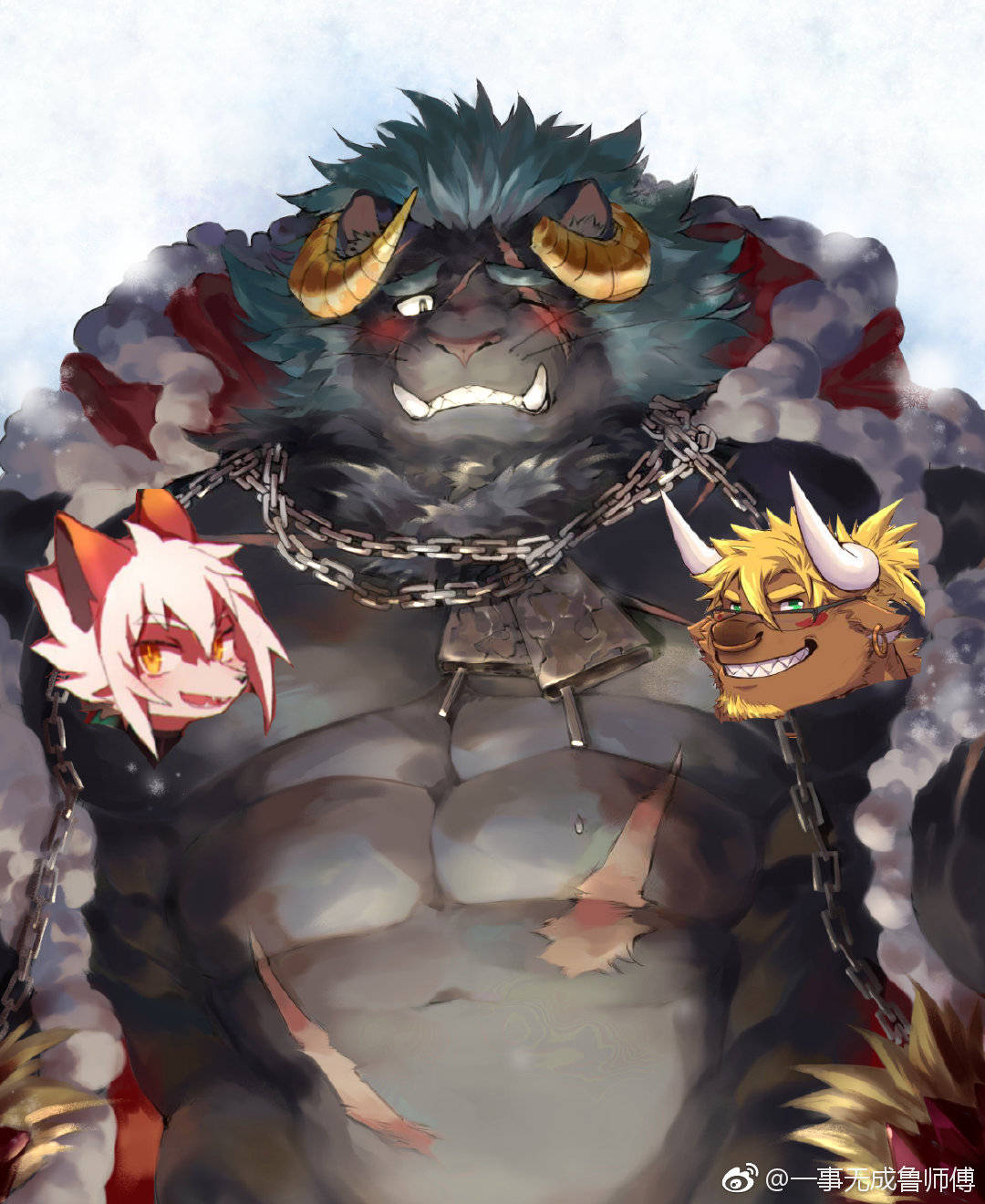 1boy bara bare_pectorals blue_hair blush censored character_censor christmas collaboration curled_horns demon_boy furry furry_male grey_fur highres horns krampus_(housamo) large_pectorals long_sideburns male_focus mature_male muscular muscular_male novelty_censor official_alternate_costume one_eye_closed original pectorals red_headwear santa_costume scar scar_across_eye scar_on_chest short_hair shy sideburns solo sweat thick_eyebrows tokyo_afterschool_summoners tusks uken_l undressing upper_body zong_wumi