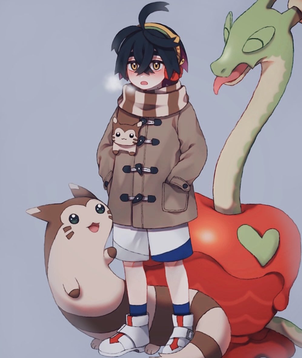 1boy 271rw ahoge black_hair blue_socks blush breath brown_jacket brown_scarf character_print commentary_request crossed_bangs furret grey_background hair_between_eyes hairband hands_in_pockets hydrapple jacket kieran_(pokemon) knees male_focus open_mouth orange_eyes pokemon pokemon_(creature) pokemon_sv scarf shoes short_hair shorts socks striped striped_scarf white_footwear white_shorts yellow_hairband