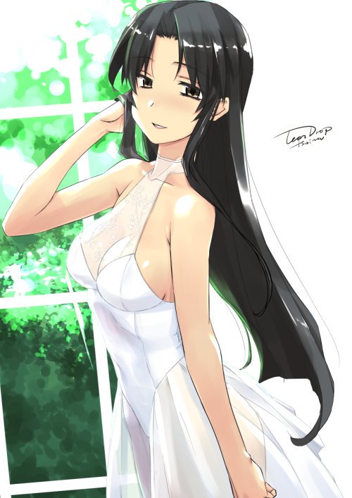 arm_at_side artist_name bare_shoulders black_hair breasts brown_eyes cleavage dress from_side hand_in_own_hair kashiwagi_chizuru kizuato long_hair looking_at_viewer parted_bangs parted_lips see-through see-through_cleavage see-through_dress sideboob sidelocks tsuina turtleneck_dress upper_body vegetation white_dress window