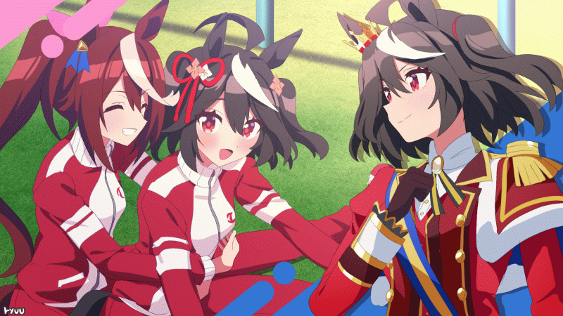 6+girls ahoge alternate_costume animal_ears animated animated_gif arm_around_shoulder arm_up arms_up artist_name bag_over_head banana bare_shoulders black_hair blue_eyes blush bow braid brown_headwear buttons cheval_grand_(umamusume) clenched_hand clenched_hands closed_eyes commentary_request double-breasted dress duramente_(umamusume) ear_bow ear_ornament earrings epaulettes flower-shaped_pupils food french_braid fruit gloves gold_ship_(umamusume) grass green_dress green_eyes grin hair_between_eyes hand_on_own_chest hands_on_another's_face hat holding holding_food holding_fruit holding_hands holding_instrument holding_violin horse_ears horse_girl hug hug_from_behind instrument jacket jewelry juliet_sleeves kitasan_black_(umamusume) long_sleeves medium_hair mihono_bourbon_(umamusume) multicolored_hair multiple_girls naked_towel nice_nature_(umamusume) official_alternate_costume official_alternate_hairstyle open_mouth pants peaked_cap petticoat pillbox_hat playing_with_another's_hair pleated_skirt pointing puffy_short_sleeves puffy_sleeves purple_bow purple_eyes purple_shirt rain red_eyes red_jacket red_pants ryuu_(ryuraconis) sakura_bakushin_o_(umamusume) satono_crown_(umamusume) satono_diamond_(umamusume) school_uniform shirt short_sleeves single_earring single_epaulette skirt smile sounds_of_earth_(umamusume) streaked_hair striped striped_dress summer_uniform symbol-shaped_pupils teeth tokai_teio_(umamusume) towel tracen_school_uniform tracen_training_uniform track_jacket track_pants umamusume uniform upper_teeth_only violin white_gloves white_hair white_headwear white_skirt