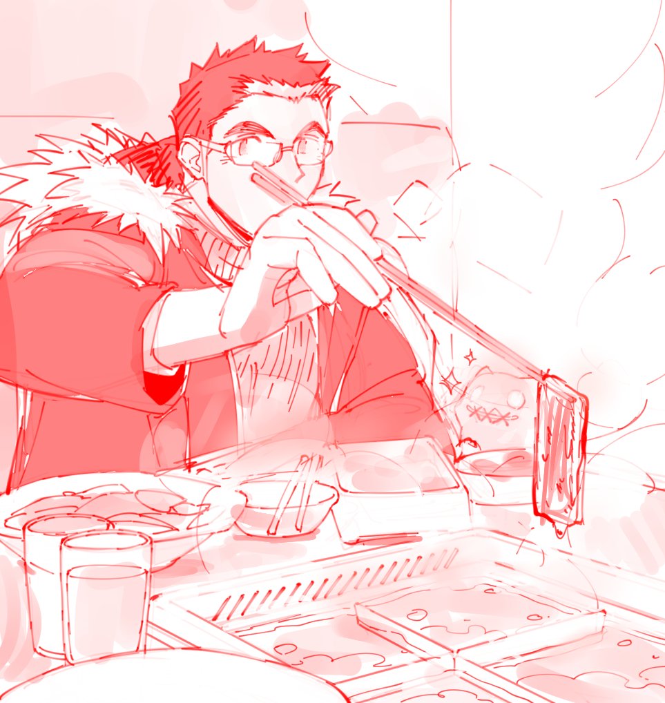 1boy bara chopsticks coat cup eating food glasses male_focus meat monochrome motoori_shiro red_theme short_hair sitting sketch solo steam thick_eyebrows tokyo_afterschool_summoners tyou upper_body winter_clothes