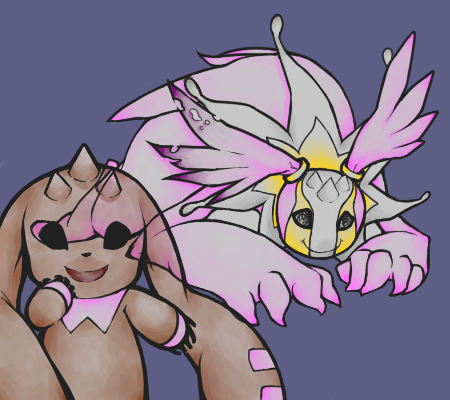 2009 ambiguous_gender bandai_namco black_eyes brown_body cherubimon cherubimon_(good) crawling digimon digimon_(species) duo feral fur krkr lopmon low_res open_mouth open_smile pink_body pink_fur purple_background simple_background smile spikes spikes_(anatomy)