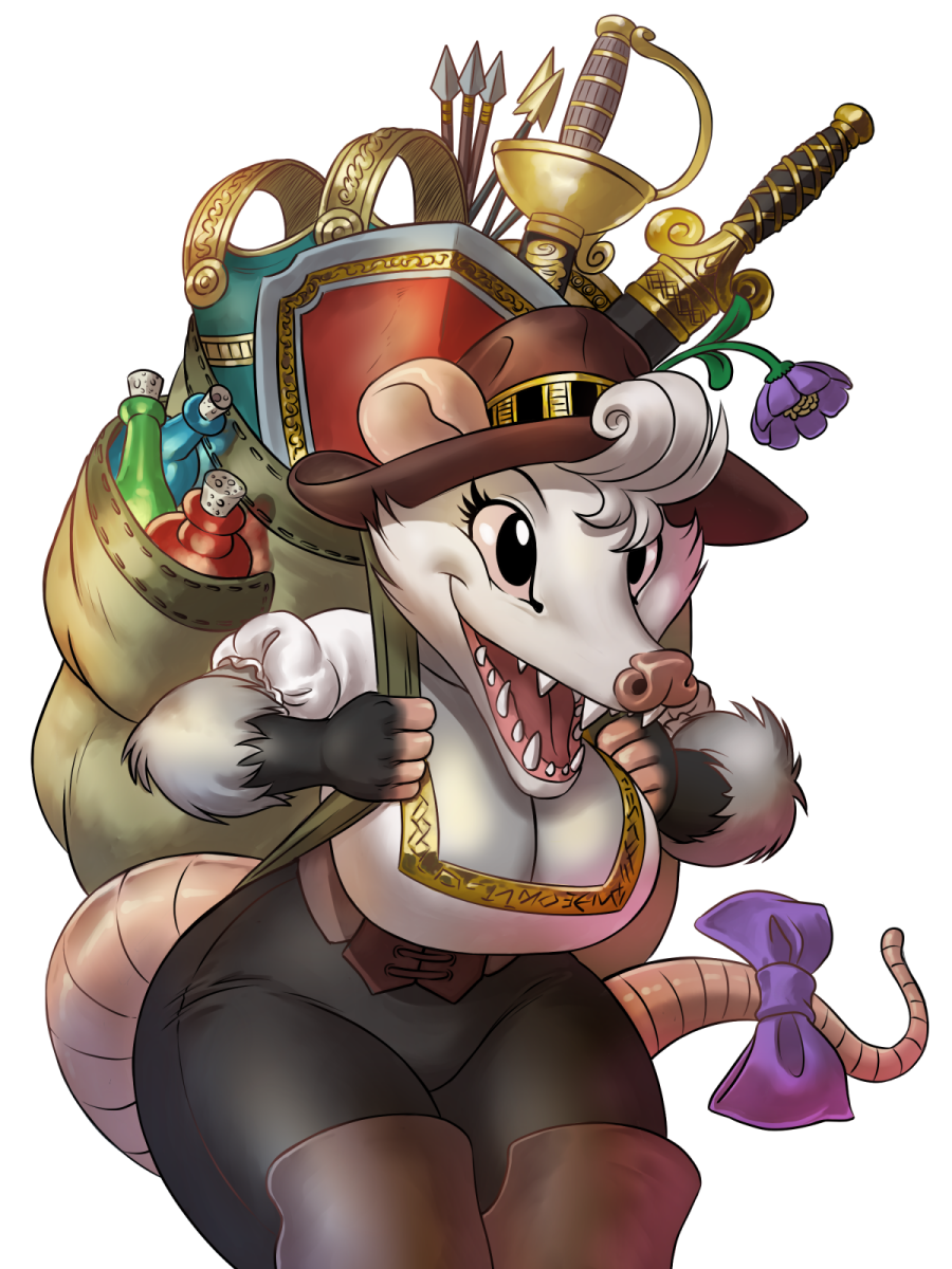 2023 accessory alpha_channel american_opossum anthro armor arrow_(weapon) big_breasts black_body black_eyes bow_ribbon breasts chochi cleavage clothed clothing cork fangs female flower fully_clothed furgonomics hair hat headgear headwear hi_res lila_(chochi) mammal marsupial melee_weapon open_mouth pink_body plant ranged_weapon ribbons sack shield simple_background solo sword tail tail_accessory tail_bow tail_ribbon teeth transparent_background vial virginia_opossum weapon white_hair