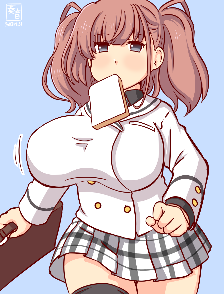 1girl artist_logo atlanta_(kancolle) bag blue_background blush bouncing_breasts bread bread_slice breasts cosplay cowboy_shot food food_in_mouth hair_between_eyes kanon_(kurogane_knights) kantai_collection long_hair long_sleeves mouth_hold necktie one-hour_drawing_challenge plaid_necktie school_bag school_uniform solo tedeza_rize tedeza_rize's_school_uniform tedeza_rize_(cosplay) toast toast_in_mouth