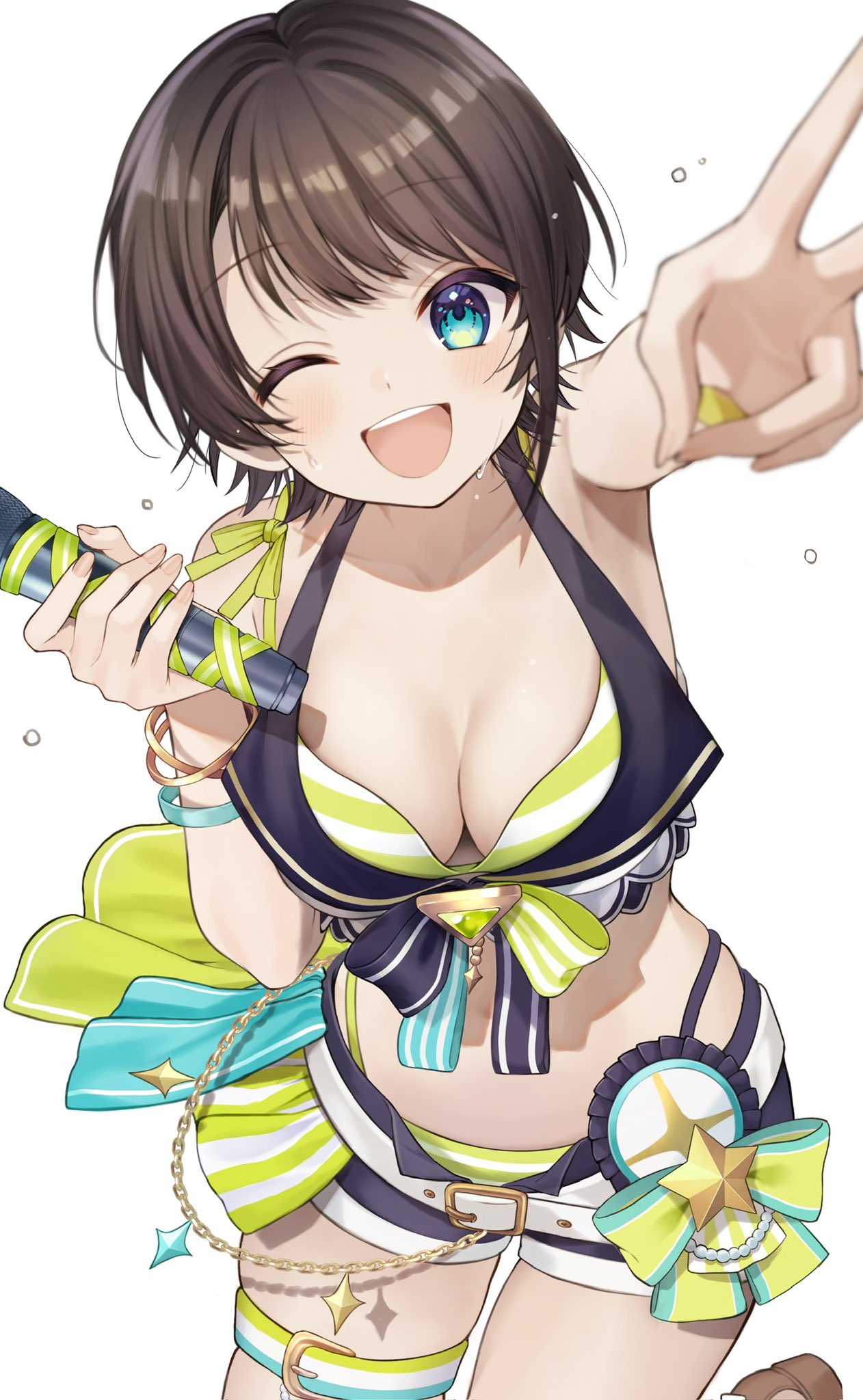 1girl arm_up armpits bare_shoulders belt bikini blue_eyes blue_shorts blush breasts brown_hair cleavage collarbone commentary_request cropped_legs highres holding holding_microphone hololive hololive_summer_2023_swimsuit large_breasts looking_at_viewer microphone midriff navel official_alternate_costume one_eye_closed oozora_subaru open_mouth parted_bangs short_hair shorts simple_background smile solo stomach string_bikini striped striped_bikini swimsuit teeth thigh_belt thigh_strap tomboy toramaru_(toramal9831) upper_teeth_only v very_short_hair virtual_youtuber white_background yellow_bikini