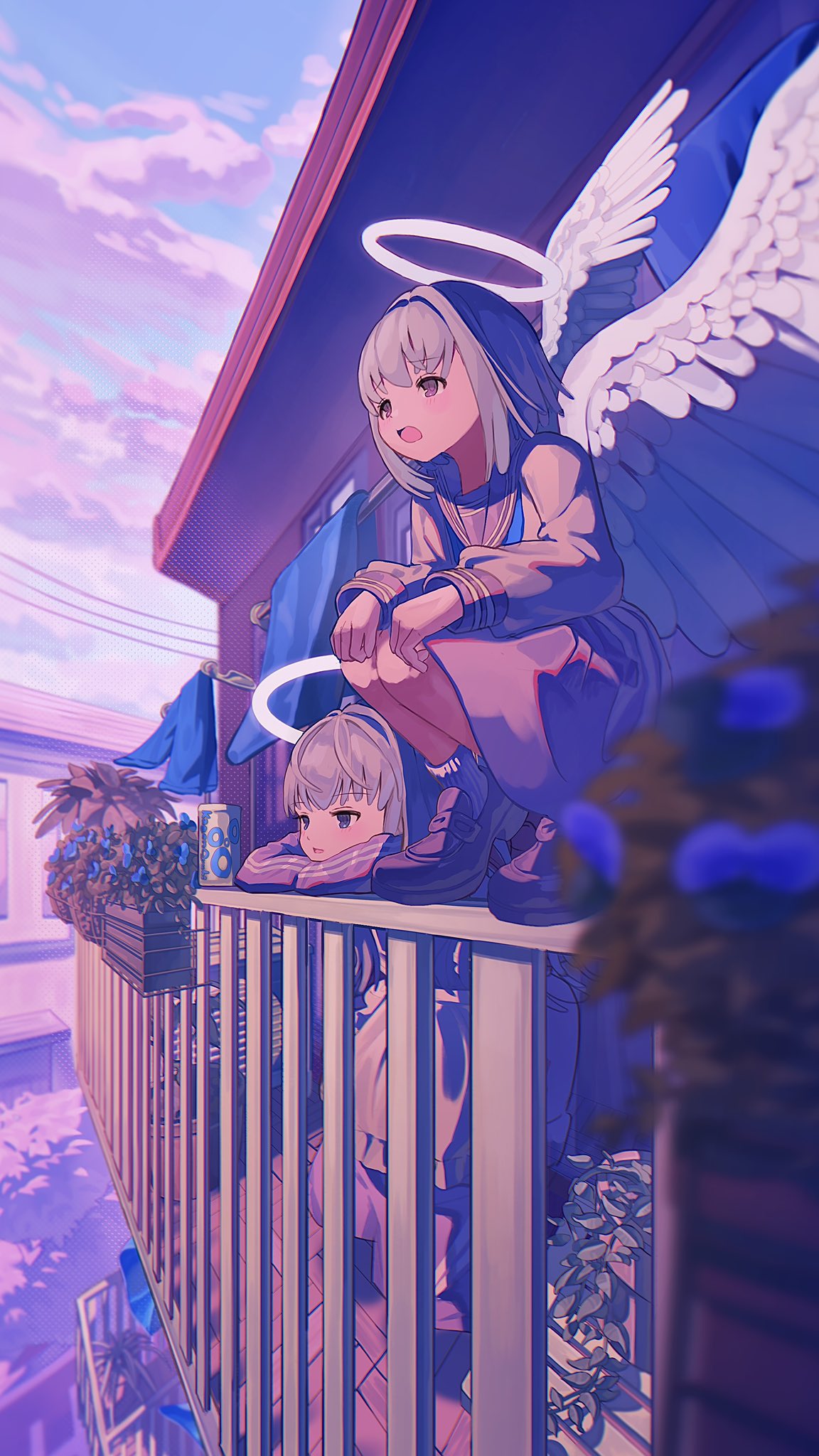 2girls against_railing angel angel_wings apron artist_name balcony blue_flower blue_theme blurry blurry_foreground cloud day double_vertical_stripe drying drying_clothes feathered_wings flower grey_hair grey_skirt halo highres kagenoyuhi leaning loafers long_sleeves medium_hair multiple_girls on_railing open_mouth original perspective plant potted_plant railing sailor_collar school_uniform serafuku shoes skirt socks squatting standing white_apron white_socks white_wings wings