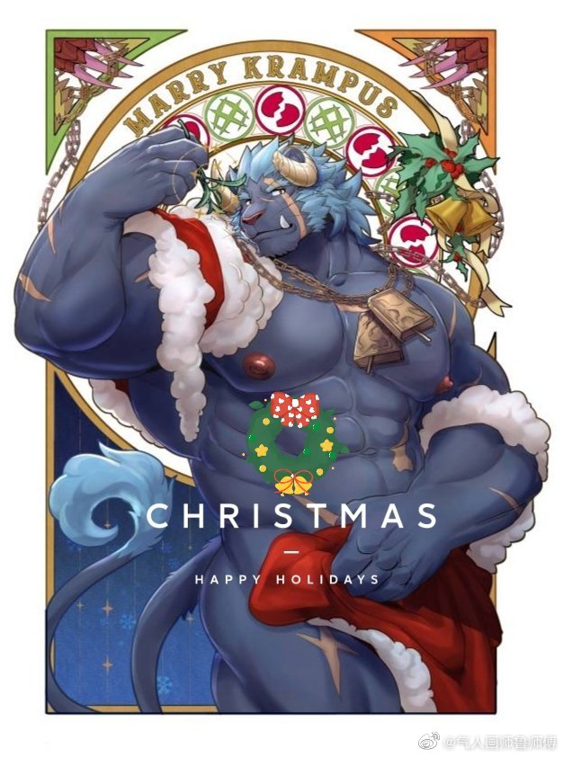 1boy abs ass bara bulge christmas christmas_wreath covering_crotch covering_privates curled_horns flexing furry furry_male goat_boy grey_fur horns huge_pectorals krampus_(housamo) large_hands male_focus mature_male medium_hair muscular muscular_male mutton_chops nipples official_alternate_costume ornate_border santa_costume scar scar_across_eye solo thick_eyebrows thick_thighs thighs tokyo_afterschool_summoners tusks uken_l wreath