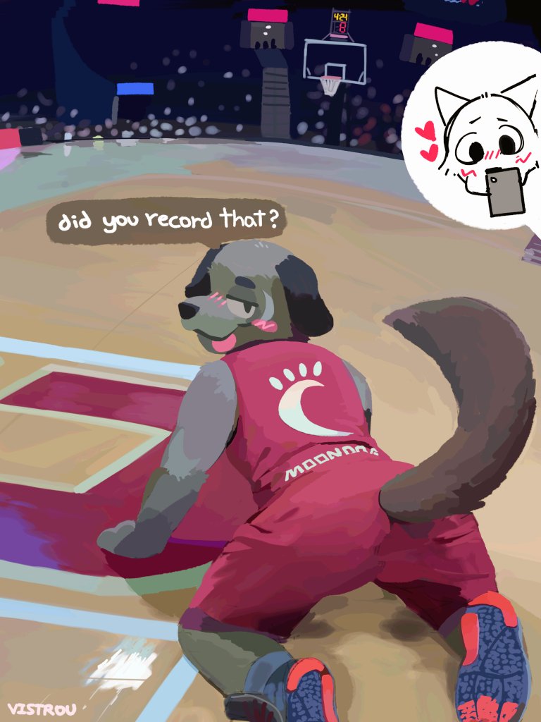 all_fours anthro anthro_focus bald basketball basketball_court bedroom_eyes black_body black_fur blue_clothing blue_footwear blue_shoes blush bottomwear canid canine canis cleveland_cavaliers clothing cutaway dialogue domestic_dog duo english_text floppy_ears footwear fur furgonomics grey_body grey_clothing grey_footwear grey_fur grey_shoes looking_at_viewer looking_back male male_focus mammal moondog_(cleveland_cavaliers) narrowed_eyes nba red_bottomwear red_clothing red_footwear red_shirt red_shoes red_shorts red_topwear running_shoes seductive shirt shoes shorts solo_focus speech_bubble stadium text tongue tongue_out topwear vistrou
