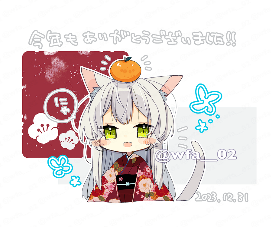 1girl animal_ear_fluff animal_ears artist_name blush cat_ears cat_girl cat_tail cropped_torso dated fang food food_on_head fruit fruit_on_head green_eyes grey_hair itsuki_02 japanese_clothes kimono object_on_head open_mouth orange_(fruit) original red_kimono solo speech_bubble tail translation_request twitter_username